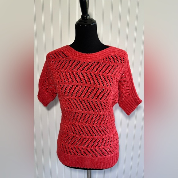 Chicos 0 Short Sleeve Open Knit Sweater Pullover Boho Beachy Orange Size Small - Picture 1 of 15